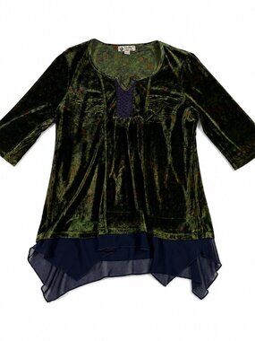 Unity World Wear XL Velvet Burnout Tunic Top Olive Green Paisley Sharkbite Hem B